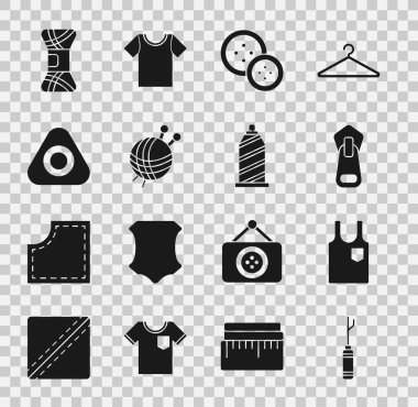 Awl aracı, kolsuz tişört, fermuar, dikiş düğmesi örgü iğneleri, tebeşir ve iplik ikonlu iplik topu. Vektör