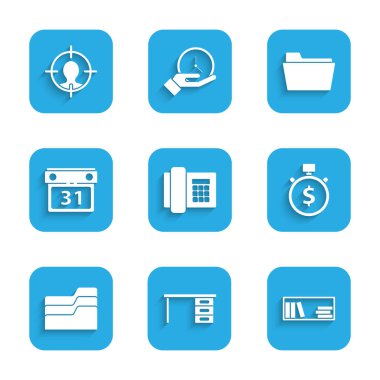 Telefon, ofis masası, kitaplı raf, zaman para, belge klasörü, takvim ve baş avcılık konsepti ikonu. Vektör