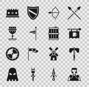 Ortaçağ şövalyesi, balta, ok, yay, bayrak, kadeh, kral tacı ve tahta varil ikonlu sokak tabelası. Vektör