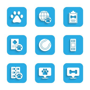 Tenis topu, konum veterineri, köpek kemiği, sargı bezi, hap, klinik kayıt hayvanı ve Paw baskı ikonu. Vektör
