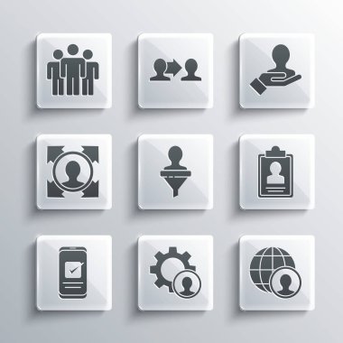 Kafa avcılığını, Globe 'u ve insanları ayarla. Özgeçmişi olan bir pano, akıllı telefon, kullanıcı grubu ve arama simgesi için El. Vektör