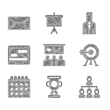 Eğitim, sunum, ödül kupası, hiyerarşi organizasyon şeması, oklu hedef, takvim, sohbet mesajları dizüstü bilgisayarı, İşçi ve Envelope simgesi. Vektör