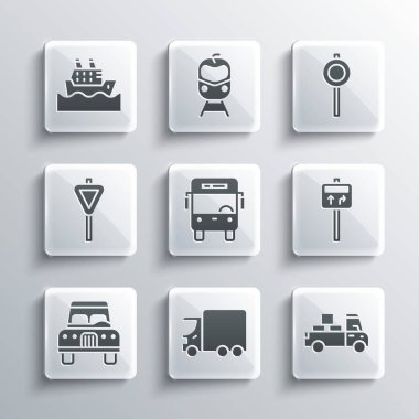 Teslimat kamyonu, trafik levhası, otobüs, araba, yolcu gemisi ve ikon ayarlayın. Vektör