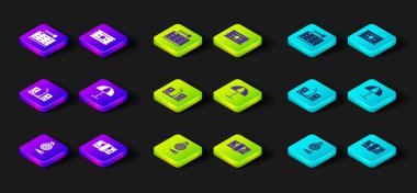 Klasik dart tahtası ve ok, kağıt para yığını, iki hoparlörlü ev teybi, güneş koruyucu şemsiye, Bilet ve Oyun Makinesi ikonu. Vektör