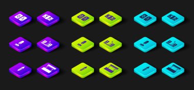 Havai fişek roketi, bilet gişesi, Tree, iki hoparlörlü ev teybi kağıt para ve Tarot kartı ikonu. Vektör