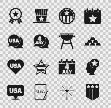 Yıldızlı Kalkan, ABD Başkanı, Altın Çubuklar, Madalya, Bağımsızlık Günü, Etiket ve Barbekü Izgara ikonu. Vektör