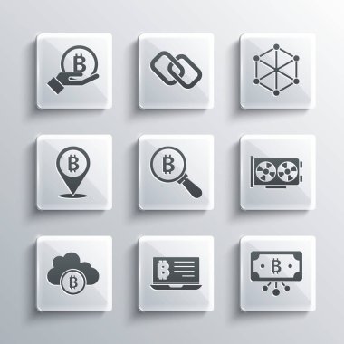 Dizüstü bilgisayardan madencilik bitcoin, devreli Bitcoin, video grafik kartı, büyüteç, kripto para birimi bulut madenciliği, el ele tutma ve blok zinciri teknolojisi ikonu. Vektör