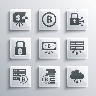 Bitcoin, Cryptocurrency bulut madenciliği, sunucu, devre, bitcoin, Lock, cüzdan ve simge ile ayarlayın. Vektör