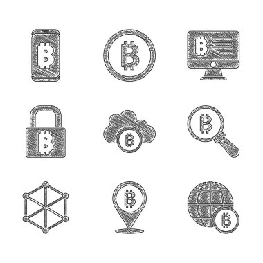 Kripto para birimi bulut madenciliğini, Bitcoin 'i, Globe' u, büyüteçleri, blok zinciri teknolojisini, Lock bitcoin 'i, monitör ve mobil simgeden madenciliği ayarla. Vektör