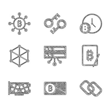 Sunucu, Bitcoin, Zincir bağlantısı, Tablet, Video Grafik, Engelleme teknolojisi, Bitcoin saat ve simge içeren Kredi kartı. Vektör