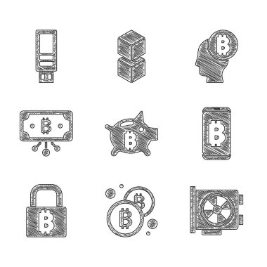 Piggy Bank bitcoin, Bitcoin, Video grafik kartı, cep telefonundan madencilik, devre, düşünce ve USB flash disk ikonu ile kilitle. Vektör