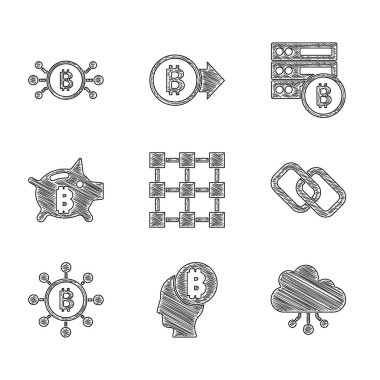Blockchain teknolojisi, Bitcoin düşünme, Kripto para birimi bulut madenciliği, zincir halkası, Piggy Bank bitcoin, Sunucu ve devre simgesi. Vektör