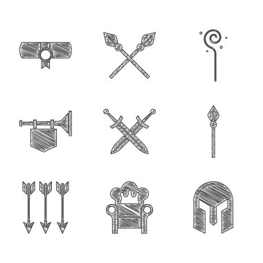 Orta Çağ kılıcı, Ortaçağ tahtı, demir miğfer, mızrak, oklar, bayraklı trompet, sihirli değnek ve ferman, parşömen, parşömen simgesi. Vektör