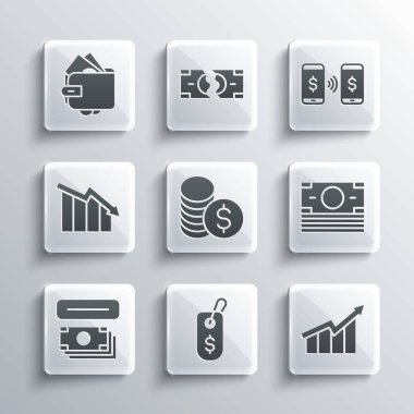 Fiyat etiketini dolarla belirle, finansal büyüme artışı, kağıt para, bozuk para, ATM ve, düşüş, cüzdan ve para transfer ikonu. Vektör