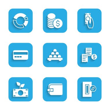 Altın külçeleri, Cüzdan, Para, Kâğıt veya Finansal çek, Para, Para, Kredi kartı, Hızlı Ödemeler ve Pie grafiksel ikonu. Vektör