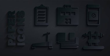 Havlu yığını, Anabolik ilaçlar, Koşu bandı makinesi, Barbel 'li Bench, spor salonu ve spor eğitim programı ikonu. Vektör