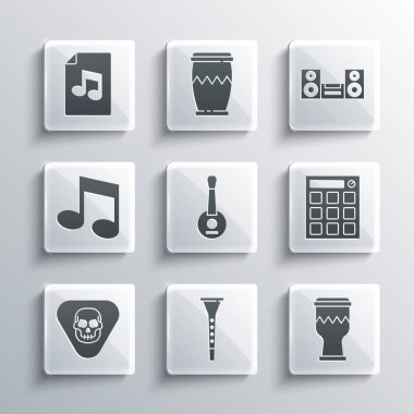 Klarnet, davul, makine, Banjo, gitar penası, nota, ton, kitap ve ev müzik seti ikonu. Vektör