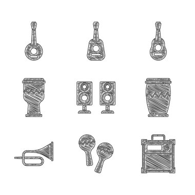 Stereo hoparlörünü, Maracas 'ı, Gitar amplifikatörünü, Davul' u, Trompet 'i ve Banjo ikonunu ayarla. Vektör