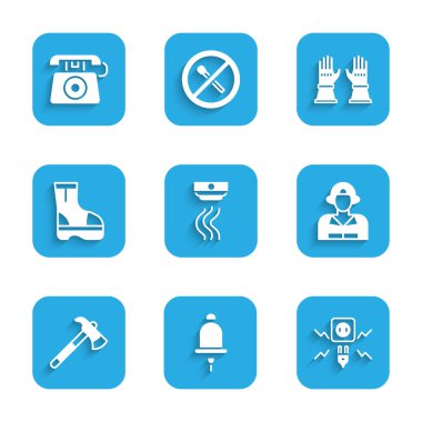 Duman alarmını, zil zilini, elektrik kıvılcımını, itfaiyeciyi, baltayı, botları, eldivenleri ve 911 'i arayın. Vektör