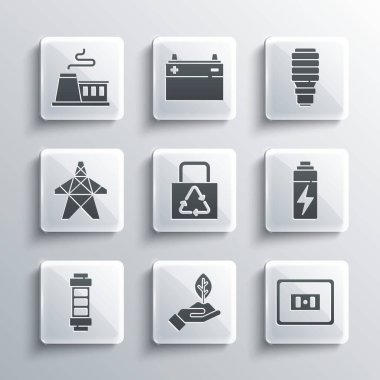 Fabrika, elektrik prizi, pil, geri dönüşümlü kağıt torba, kule, fabrika ve LED ampul ikonu. Vektör