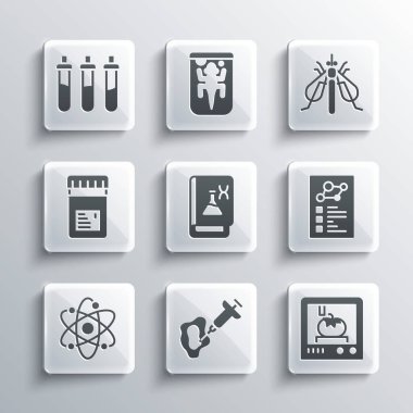 Şırınga, 3 boyutlu baskı teknolojisi, klinik kayıt, Genetik mühendisliği kitabı, Atom, katkı maddeleri içeren kavanoz, Reaktif şişe ve deneysel böcek ikonu. Vektör