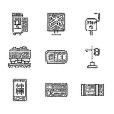 Elektrik prizi, trafik levhası, tren bileti, ışık, tren çevrimiçi satın alma, kömür vagonu, acil durum freni ve tuvalet ikonu. Vektör