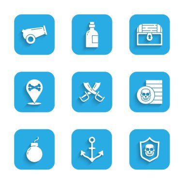 Çapraz korsan kılıçları, dayanak noktası, kafataslı kalkan, korsan parası, patlamaya hazır bomba, konum, antika hazine sandığı ve top ikonu. Vektör