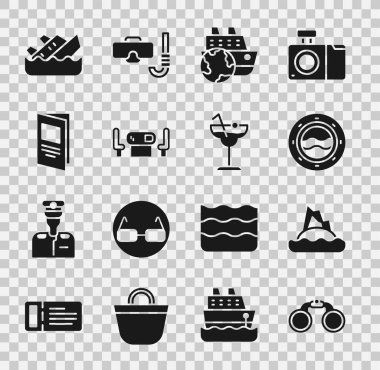 Dürbün, Tropik ada okyanusu, deniz manzaralı gemi penceresi, yolcu gemisi, poker masası, broşür, batan gemi ve kokteyl ikonu. Vektör