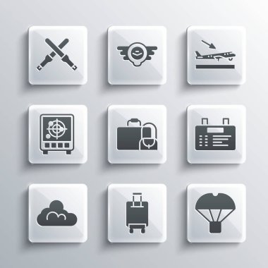 Bavul, paraşütle uçan kutu, havalimanı tahtası, bulutlu hava durumu, hedef monitörlü radar, Marshalling asaları ve iniş ikonu. Vektör
