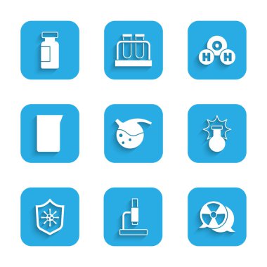 Test tüpü ve matara, mikroskop, radyoaktif, kimyasal patlama, virüse karşı kalkan, cam veya deney tüpü, H2O ve ikon formülü. Vektör
