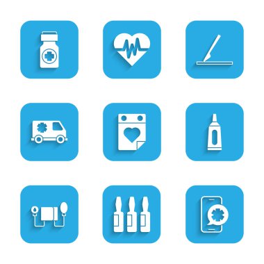 Doktor randevusu, ilaç şişesi, ampul, acil durum telefonu, merhem krem tüpü ilacı, kan basıncı, araba, neşter ve ilaç şişesi ve hap ikonu ayarlayın. Vektör