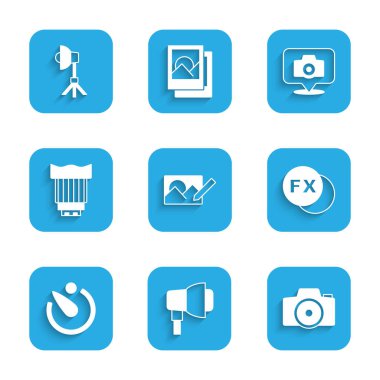 Fotoğraf rötuşlama, Softbox ışığı, kamera, fx, kamera zamanlayıcısı, fotoğraf lensi ve simgeyi ayarlayın. Vektör