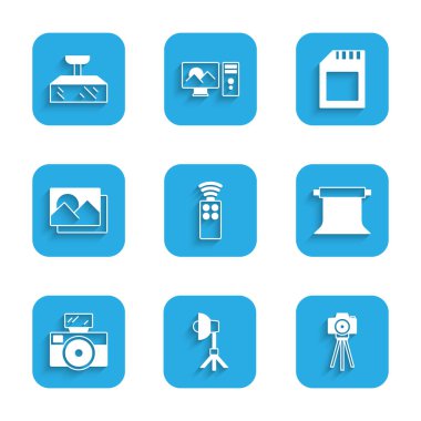 Kamera, Softbox light, Photo, boş fotoğraf stüdyosu, flaş, çerçeve, SD kart ve simge ile uzaktan kumandayı ayarla. Vektör