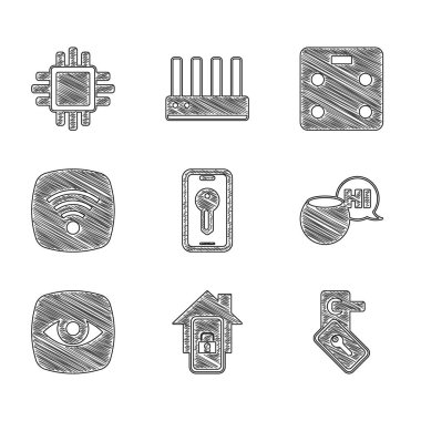 Akıllı anahtarı ayarla, akıllı evi olan mobil, dijital kapı kilidi, ses asistanı, güvenlik kamerası, kablosuz internet ağı, banyo terazisi ve işlemci işlemcisi simgesi. Vektör