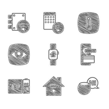 Smart 'ı akıllı saat, wi-fi, ses asistanı, dijital kapı kilidi, Multimedya ve televizyon alıcısı, güvenlik kamerası, termostat ve ikon ile ayarlayın. Vektör