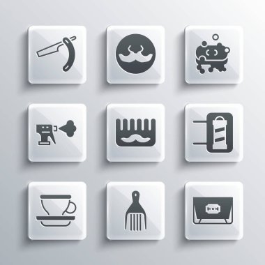 Barrette, Blade tıraş makinesi, berber dükkânı direği, saç fırçası, kahve fincanı, kuaför tabancası sprey şişesi, köpük ikonlu sabun. Vektör