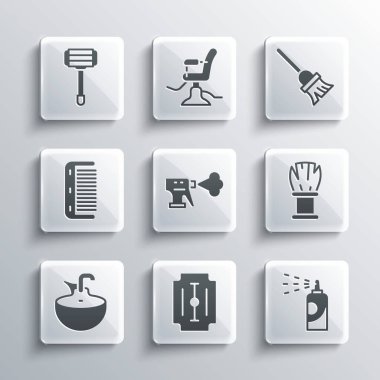 Bıçak jiletini, saç spreyi spreyi, tıraş fırçası, saç fırçası şişesi, saç leğeni, saç fırçası ve süpürge ikonu hazırla. Vektör