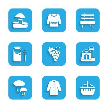 Üzüm suyu, yağmurluk, sepet, çiftlik evi, mantar, kavanoz bal ve dipper çubuğu, Bench ve ikon. Vektör