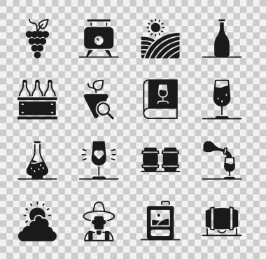 Şarap için ahşap fıçı, şarap tatma, içki, cam, üzüm, üzüm, kutu, ikon hakkında kitap ve şarap. Vektör