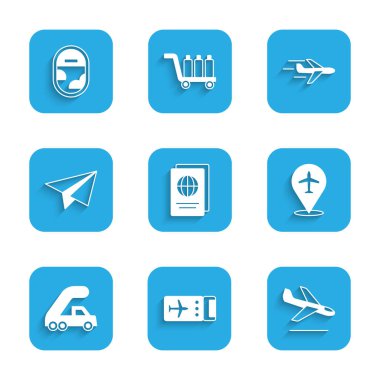 Pasaport, uçak bileti, uçak inişi, uçağa binmek için yolcu merdiveni, kağıt uçak ve uçak pencere simgesi. Vektör