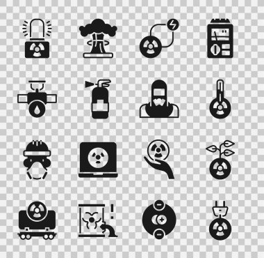 Radyasyon prizi, radyoaktif, Meteoroloji termometresi, değişim enerjisi, yangın söndürücü, endüstriyel boru ve vanayı, uyarı lambasını ve nükleer reaktör ikonunu ayarla. Vektör