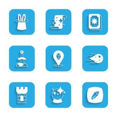 Sihirli taş, top, ateş topu, kale kulesi, Tarot kartlarında kılıç, sihirbaz şapkası ve tavşan kulağı ikonu. Vektör