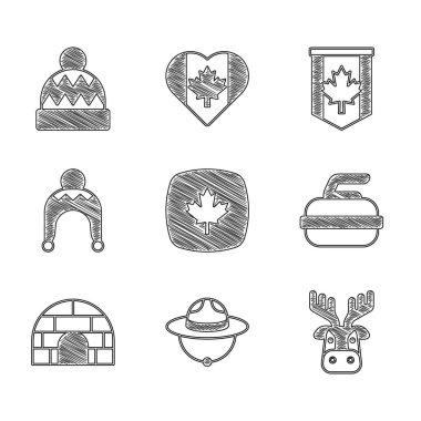 Kanada akçaağaç yaprağı, korucu şapkası, boynuzlu geyik kafası, körling için taş, Igloo buz evi, Kış, Kanada bayrağı ve Beanie ikonu. Vektör