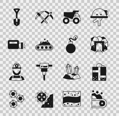 Taşıyıcı bandı kömür, maden girişi, maden kamyonu, el feneri, kürek ve bomba ikonu taşıyın. Vektör