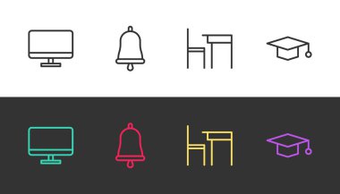 Hat monitörü ekranı, zil, okul masası, sandalye ve mezuniyet şapkasını siyah beyaz ayarla. Vektör