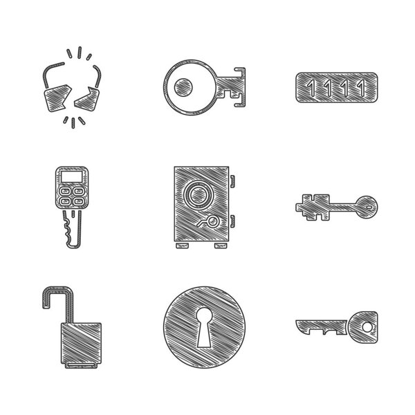 Установите сейф, отверстие для ключа, старый ключ, открытый навесной замок, автомобиль с дистанционным управлением, защиту паролем и сломанную иконку. Вектор