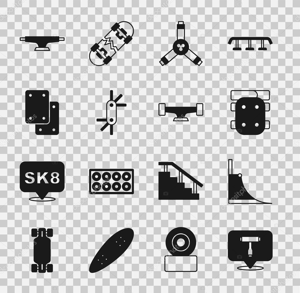 Set Skateboard T tool, park, Knee pads, Y-tool, Tool allen keys, wheel and  icon. Vector