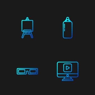 Set line Online oyun videosu, sinema gözlükleri, Easel veya resim tahtaları ve kum torbası. Renk simgeleri. Vektör