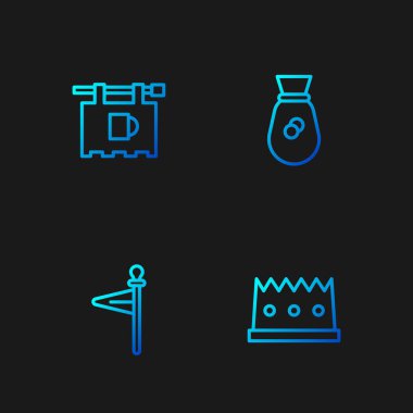 King Crown, Ortaçağ bayrağı, Bar ve Old Money çantalı sokak tabelası. Renk simgeleri. Vektör