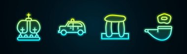 İngiliz tacını, taksi arabasını, Stonehenge 'i ve tüttürme piposunu ayarla. Parlayan neon ikonu. Vektör
